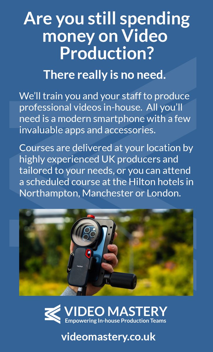 Produce stunning, professional videos in-house - with or without AI! 🎥

We'd love to train you and your staff to create all of your video content in-house, to professional standards, with either a video camera or a modern smartphone.

Visit videomastery.co.uk for details