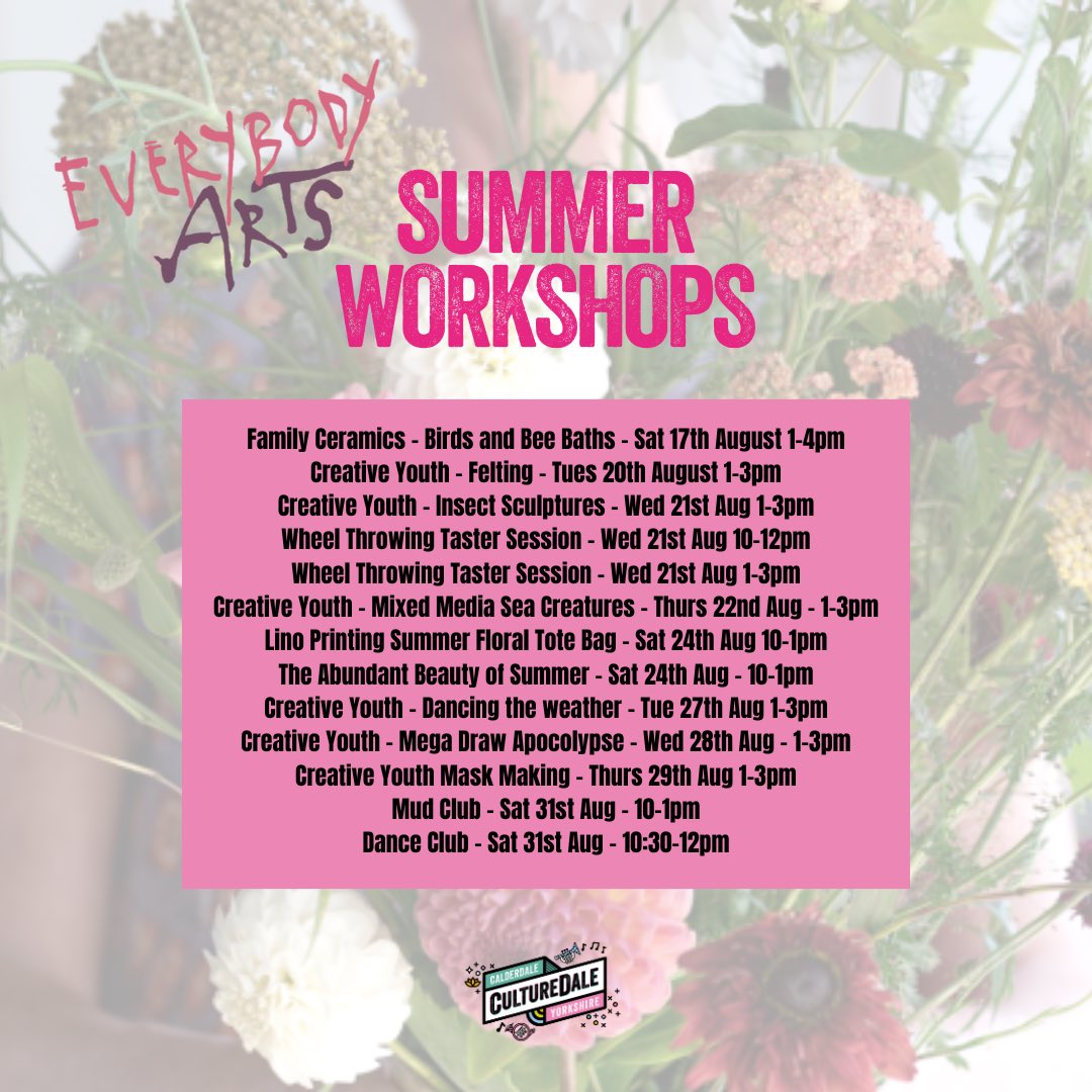 CultureDale (@culturedale2024) on Twitter photo When we say CultureDale has got an action-packed summer of fun planned for everyone - we’re not kidding! 🤩 Our key commissions <a href="/everybodyarts_/">Everybody Arts (Formerly Artworks)</a> are hosting a range of workshops this summer!
Running from August 17th-31st, the perfect opportunity for a creative family day out over When we say CultureDale has got an action-packed summer of fun planned for everyone - we’re not kidding! 🤩 Our key commissions <a href="/everybodyarts_/">Everybody Arts (Formerly Artworks)</a> are hosting a range of workshops this summer!
Running from August 17th-31st, the perfect opportunity for a creative family day out over