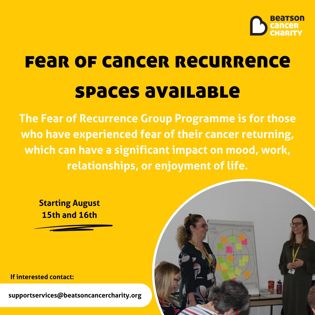 💛 We have available spaces for our Fear of Recurrence group programmes beginning in August.

💛 Learn more about our how our groups run here: bit.ly/45ywQx3