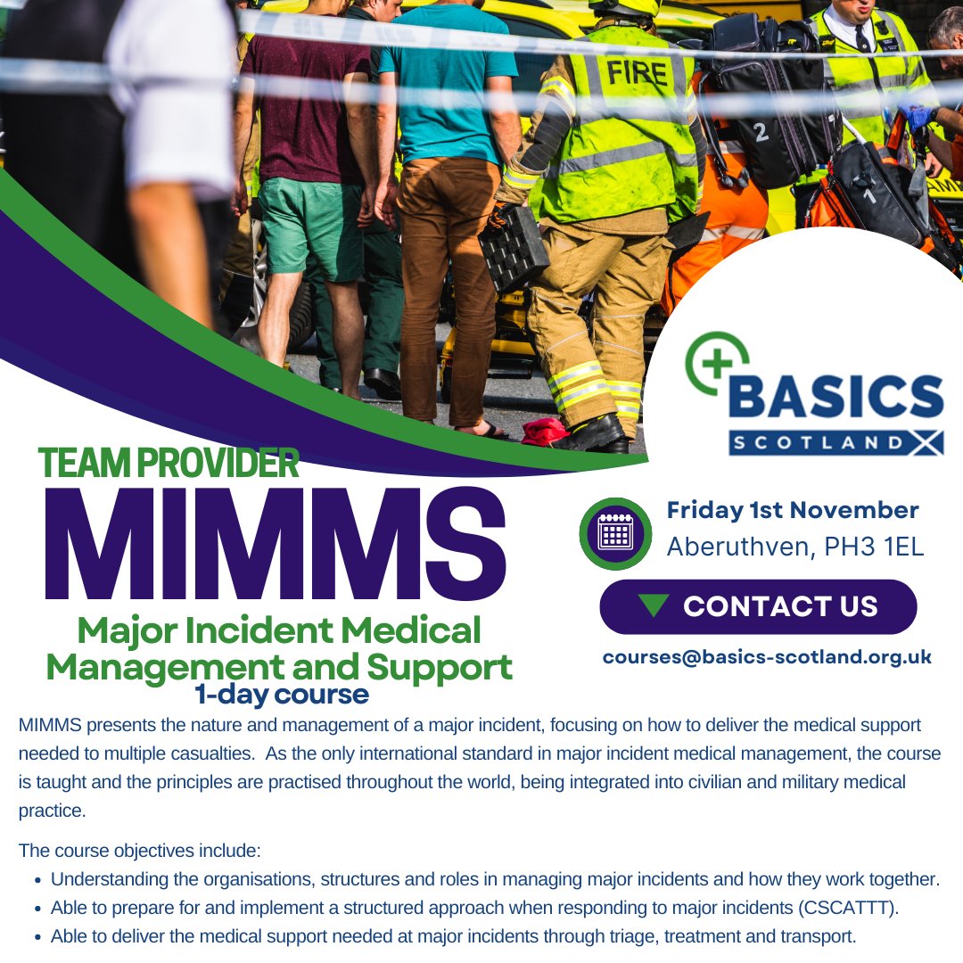 Limited spaces remain for our upcoming TP-MIMMS and ALS courses in November. If you are interested in attending, please contact us.

courses@basics-scotland.org.uk

<a href="/NHS_Education/">NHS Education for Scotland (NES)</a> <a href="/CSMEN1/">NES Clinical Skills Managed Educational Network</a> <a href="/Scotambservice/">Scottish Ambulance</a> <a href="/_ALSG_/">ALSG</a> <a href="/ResusCouncilUK/">Resuscitation Council UK</a> <a href="/NHS_Education/">NHS Education for Scotland (NES)</a>