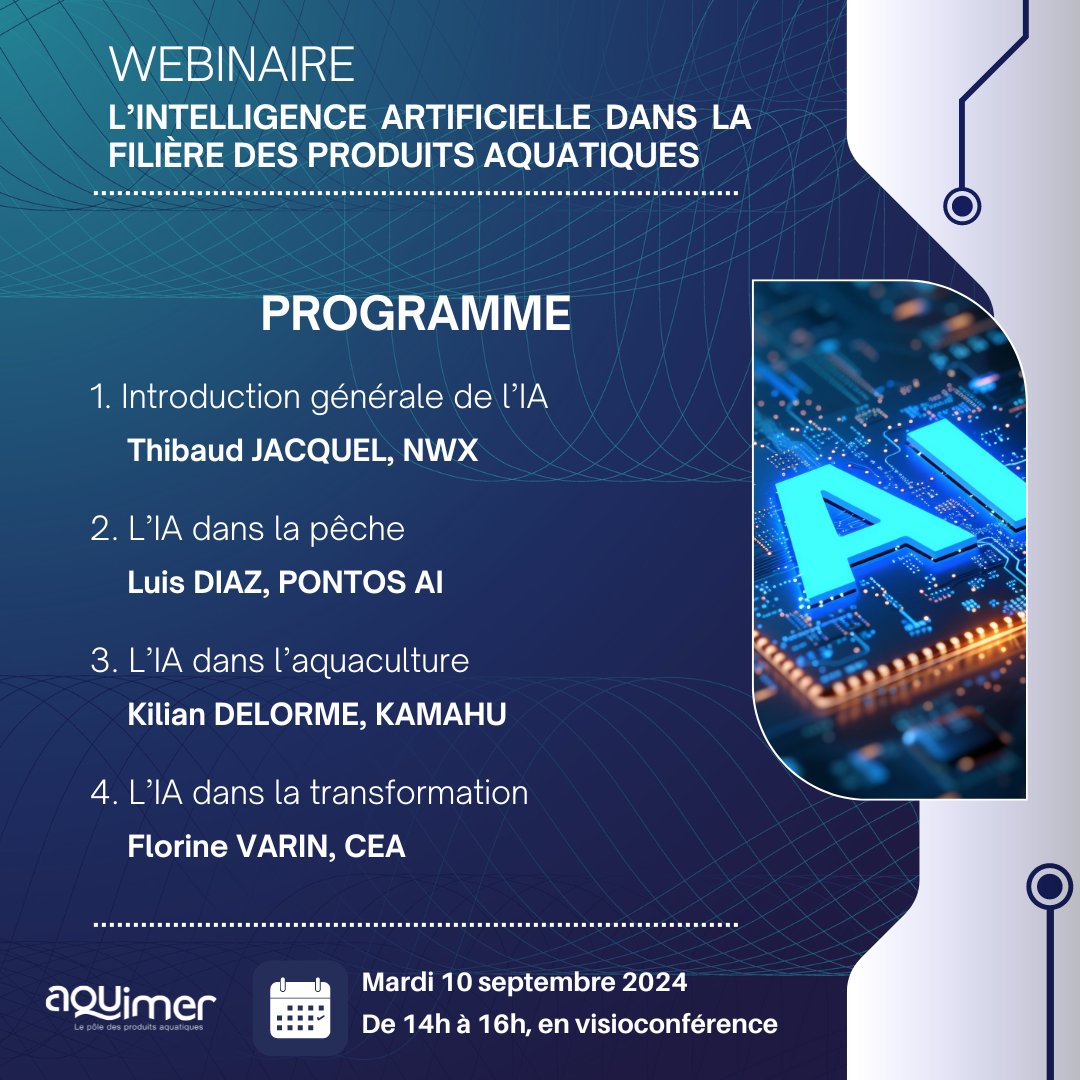 [Evénement]

🎉 Participez à notre #webinaire sur l'#Intelligence #Artificielle dans la filière des #produits #aquatiques ! 🌊🤖
📅 Date : 10 septembre 2024
⏰ Heure : 14h00
📍 En ligne

👉 Lien d'inscription : eventbrite.fr/e/billets-webi…