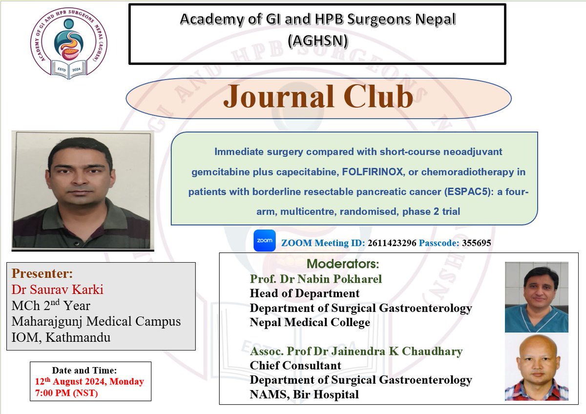 Greetings everyone, Our next academic activity is a Journal Club presentation by Dr Saurav Karki,MCh 2nd year on 12th August, Monday at 7 pm. The zoom link will be shared in the group.  Hoping for an active participation from all.
Thank you.
Zoom link: zoom.us/j/2611423296?p…