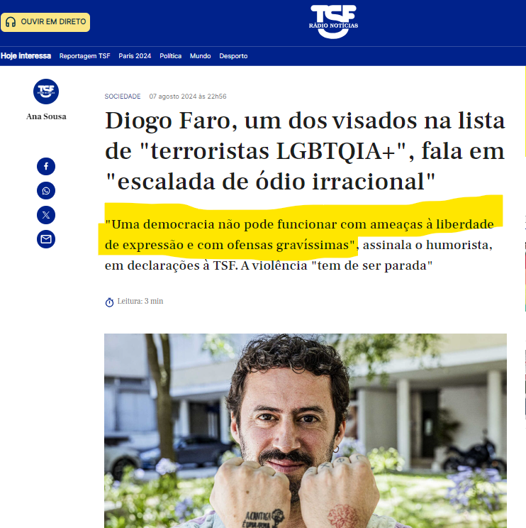 donocooperativa's tweet photo. ( ＾◡＾)っ✂╰⋃╯O Incrível Mundo de Diogo Faro e a defesa da “sua” Liberdade de Expressão

Era uma vez, num país distante chamado Tugão, um jovem chamado Diogo Faro (Ele, o todo poderoso). Ele, o todo poderoso não é um jovem comum;  possuí uma habilidade extraordinária: a capacidade de ver injustiças onde ninguém mais vê, uma espécie de super-herói da nova era, sem capa e máscara, mas com um megafone e Tweeter.

Para ele a liberdade de expressão é uma festa privada: alguns podem entrar, outros não. E quem decide quem entra? Ele, o todo poderoso & Co.

Numa qualquer manhã, enquanto saboreia o seu latte de aveia, Ele, o todo poderoso viu um tweet de alguém que ousava questionar as suas ideias. Diogo imediatamente ergueu seu megafone digital e declarou: "Cala-te, fascista!"

A liberdade de expressão para Ele, o todo poderoso, parece ser um conceito flexível. Se alguém concorda com ele, está a usar sua liberdade corretamente. Se discorda, é um inimigo da liberdade, um opressor, um reacionário. E claro, qualquer crítica a essa lógica é imediatamente rotulada de discurso de ódio.

Nos seus discursos inflamados dignos de bolinha vermelha, Ele, o todo poderoso clama por justiça social, igualdade e respeito. Mas, ao mesmo tempo, faz questão de calar qualquer voz dissidente. Nas suas redes sociais, o botão de bloquear está mais gasto que o seu próprio rabo, metaforacamente falando.
Cada vez que Ele, o todo poderoso sinaliza um novo "inimigo", os seus seguidores entram em ação, prontos para a batalha digital. Comentários críticos são reportados em massa, os perfis são denunciados e, em pouco tempo, qualquer resquício de oposição é varrido do mapa virtual.

A ironia da coisa é que, enquanto Ele, o todo poderoso,  censura os outros, continua a fazer suas piadolas sem restrições absolutamente nenhumas, e muitas delas, honestamente, pouco recomendáveis a menores de idade. Humor é uma ferramenta de resistência, desde que seja o tipo de humor que ele aprova, imagino eu.

E assim, no incrível mundo de Ele, o todo poderoso, a liberdade de expressão continua a ser um conceito defendido com unhas e dentes – mas apenas para aqueles que repetem o seu mantra e seguem as suas regras. Afinal, o mundo seria um lugar melhor se todos pensarem exatamente como ele. E, se isso não é liberdade de expressão, então o que será?

O dono do bordel

nota: a liberdade de expressão não precisa de cavaleiros brancos mas sim de respeito.