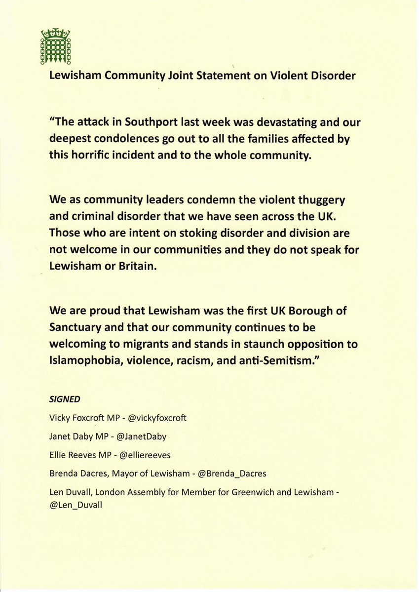 vickyfoxcroft's tweet image. Please see below a Lewisham community joint statement from public figures, faith leaders, arts groups and community organisations condemning the violent disorder we have seen across the country this last week.

You can also view this on my website here 👉vickyfoxcroft.org.uk/policy-respons…