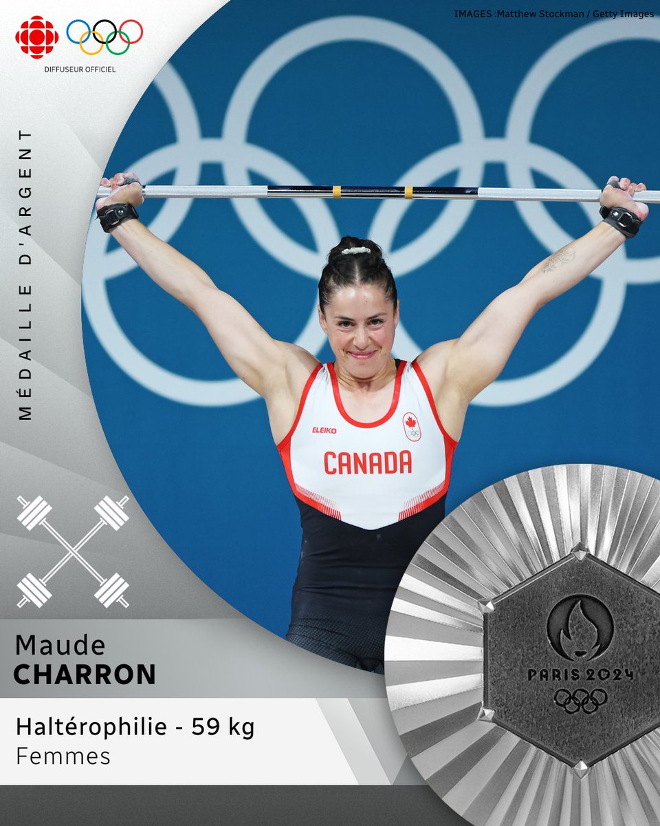 RC_Sports's tweet photo. Haltérophilie 🏋️ : la Québécoise Maude Charron 🇨🇦 se couvre d’argent chez les 59 kg à Paris! 🥈 Elle avait remporté l’or chez les 64 kg aux Jeux de Tokyo en 2021.

Présenté par @PetroCanada

@M_Charron28 @teamcanada #Paris2024 #rcsports #jeuxolympiques #teamcanada #equipecanada #haltérophilie