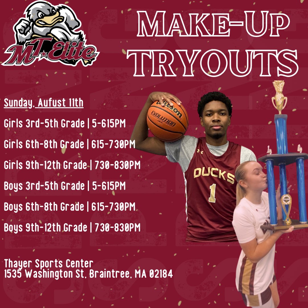 Missed Tryouts? No problem!

MT Elite Ducks Fall Make-Up Tryouts are this Sunday, 8/11 at Thayer Sports Center

Girls
3rd-5th 5-615p
6th-8th 615-730p
9th-12th 730-830p

Boys
3rd-5th 5-615p
6th-8th 615-730p
9th-12th 730-830p

Registration: register.mteliteducks.net/site/register/…

#MTEDFamily