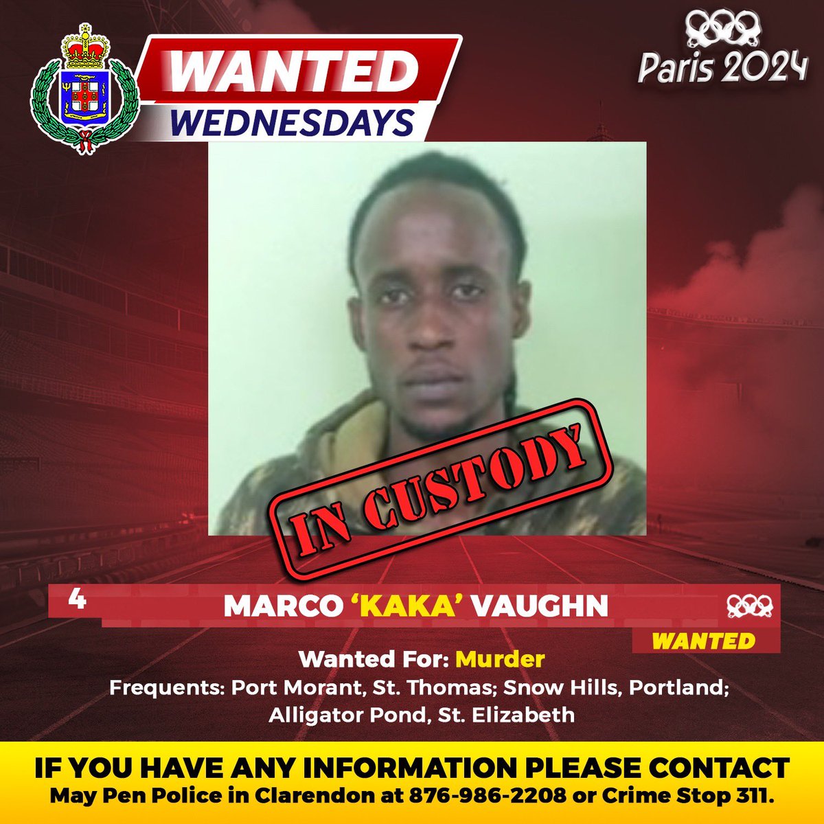 JamaicaConstab's tweet photo. Another one! ‘Kaka’ is now in custody.
He turned himself in at the St. Elizabeth.
Do you know where wanted persons are hiding? Call @CSJAMAICA at 311.
#Paris2024
#OlympicGames
#WantedWednesdays https://t.co/KSbTR5JPBM