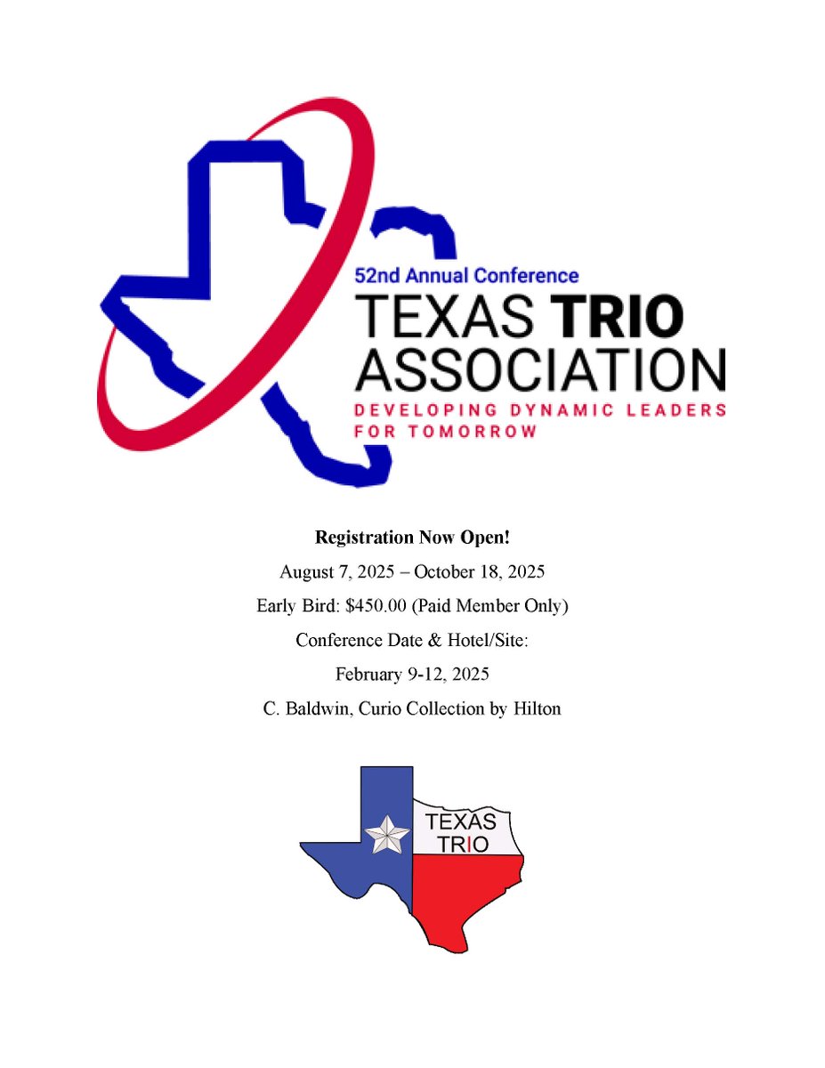 The 52nd Annual Texas TRIO Conference Early Bird Registration is now open! Conference information is available at txtrio.wildapricot.org/page-18105. Please make plans to attend! #TRIOworks

<a href="/SWASAPTRiO/">SWASAP</a> <a href="/COETalk/">Council for Opportunity in Education</a> <a href="/ArkansasTRiO/">AASAP</a> <a href="/lasaptrio/">LASAPTRIO</a>
<a href="/ODSATRiO/">ODSA TRiO</a> <a href="/TRiO_NM/">TRiO New Mexico</a>