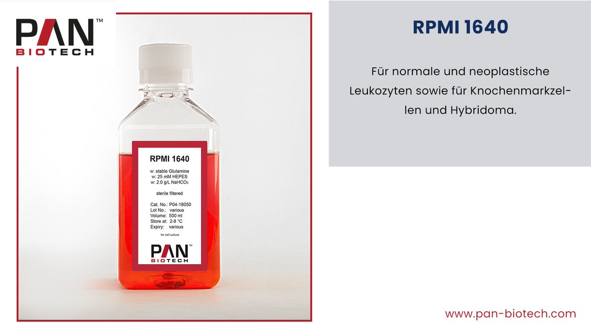 RPMI 1640 - Entwickelt wurde das Medium zur Kultivierung von normalen und neoplastischen Leukozyten sowie für Knochenmarkzellen und Hybridoma. Link zum shop: shop.pan-biotech.de/RPMI-1640-w-st…
#Hybridoma #biotech #forschung #leukozyten