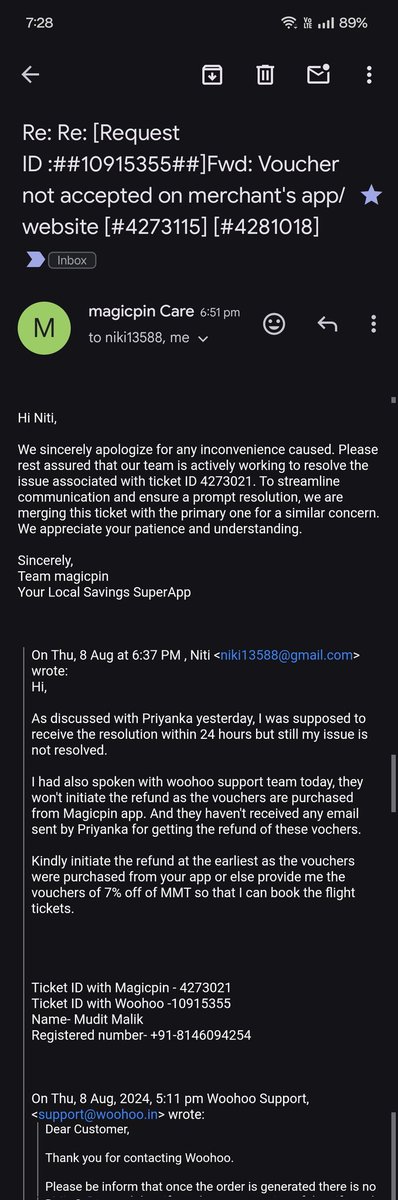 malik_mudit's tweet image. @PineLabs @CareMagicpin @mymagicpin @Qwikcilver @makemytripcare @makemytrip @jagograhakjago @consumerforum_
@GovtOfIndia_ I am losing 19000 bucks because your vouchers don't work on MMT. Urgent refund is required. Check the mail for ticket IDs. #feelingcheated #refund #0support