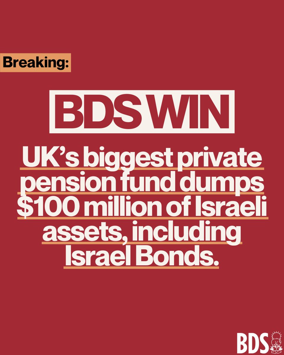 BDSmovement's tweet photo. BDS works! USS, the UK’s biggest private pension fund, has divested over $100M of Israeli assets, including Israel Bonds, following sustained pressure from its members.

This marks yet another instance in recent months of institutions divesting from Israel’s genocidal regime and complicit companies.

In February, the world’s largest sovereign fund, Norway’s $1.6 trillion oil fund, divested entirely (approx. $500M) from Israel Bonds.

In June, Norway’s largest pension company, KLP, divested $69 million from Caterpillar due to its contributions to violations of Palestinian human rights in Gaza and the West Bank.

And two of the largest US churches, the United Methodist Church and the Presbyterian Church USA, also voted to divest from Israel Bonds in May and July respectively.

We renew our call for pressure on institutions to divest from Israel’s sinking economy. Investing in it is not only unethical and illegal. It’s now also reckless. #ShutDownNation