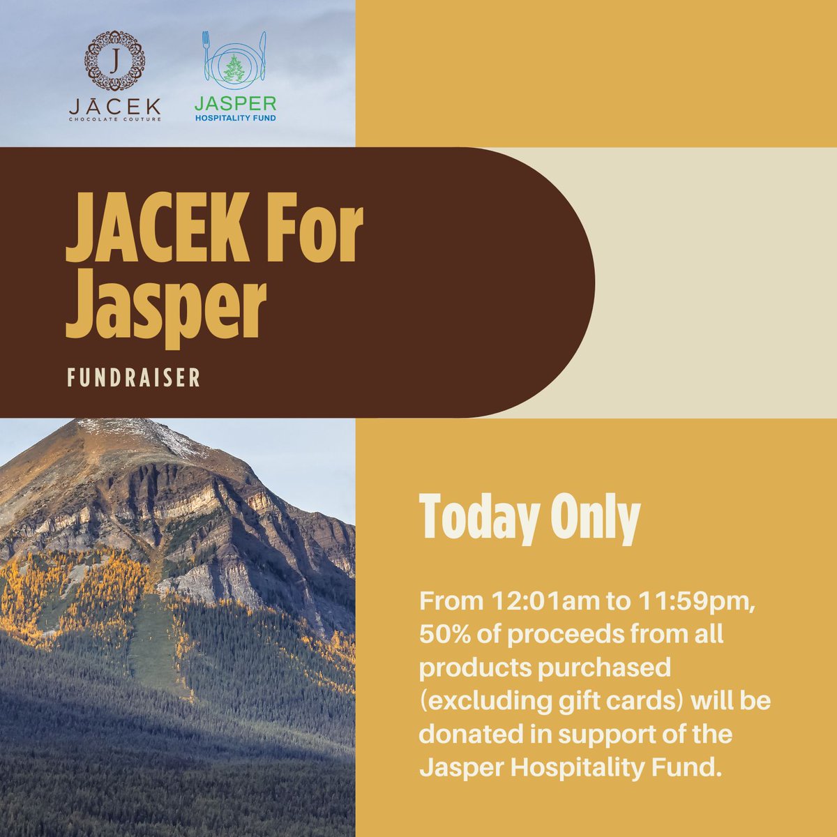 August 8th only! Shop online or in-store at our two JACEK locations to help rebuild this vibrant community. Together we are stronger. #YEGHospitalityforJasper #strongertogether #JasperNationalPark #JasperHospitalityFund #JasperTourism #JasperHospitality