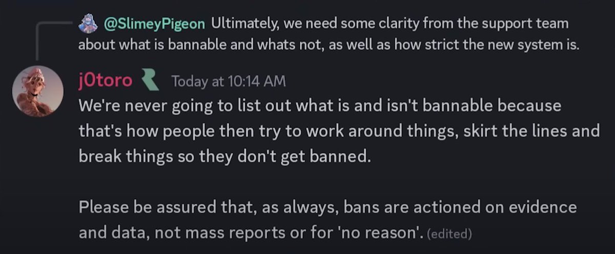 Slimey_Pigeon's tweet photo. @SoT_Support This just further reinforces why you need to set clear guidelines. 
You made a mistake, and are now punishing your community.

Imagine playing a game of football, except no one told you the intricate rules, and the ref will card you if you break one of the intricate rules. https://t.co/jWjiPrD31h