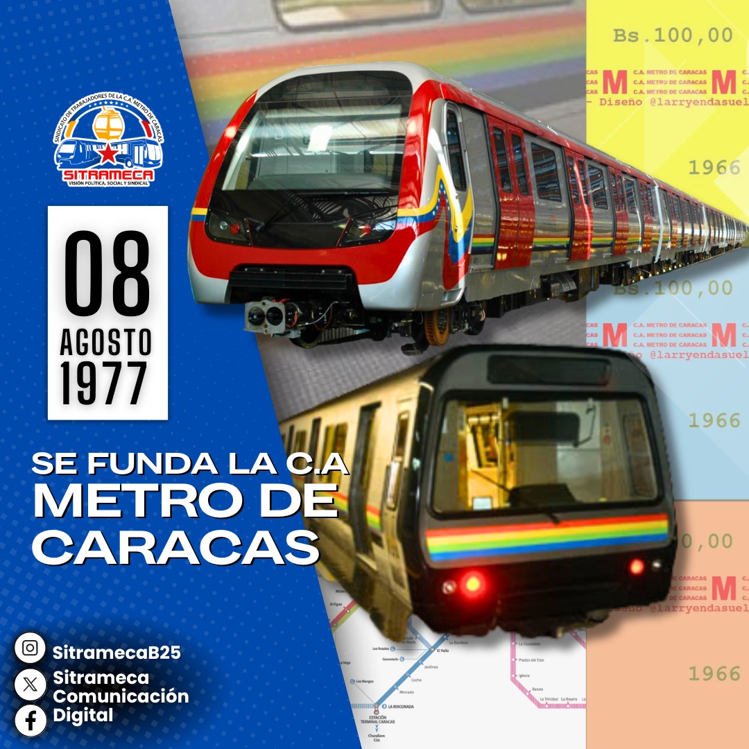 🗓️|| Un día como hoy #08Ago del año 1977, se funda la C.A. Metro de Caracas, la solución para movilizar y conectar a la Ciudad Capital, convirtiendose años más tardes en el corazón del transporte caraqueño¡Feliz 47 aniversario! 🚇
<a href="/NicolasMaduro/">Nicolás Maduro</a> 
<a href="/metro_caracas/">Compañía Anónima Metro de Caracas</a> 
<a href="/EdisonB25/">Edison Alvarado</a>