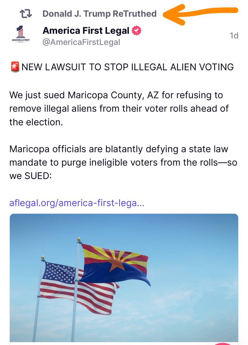 THEY CANT WIN IF THEY DON’T STEAL VOTES AND THEY KNOW IT! 

🚨NEW LAWSUIT TO STOP ILLEGAL ALIEN VOTING

We just sued Maricopa County, AZ for refusing to remove illegal aliens from their voter rolls ahead of the election.

Maricopa officials are blatantly defying a state law