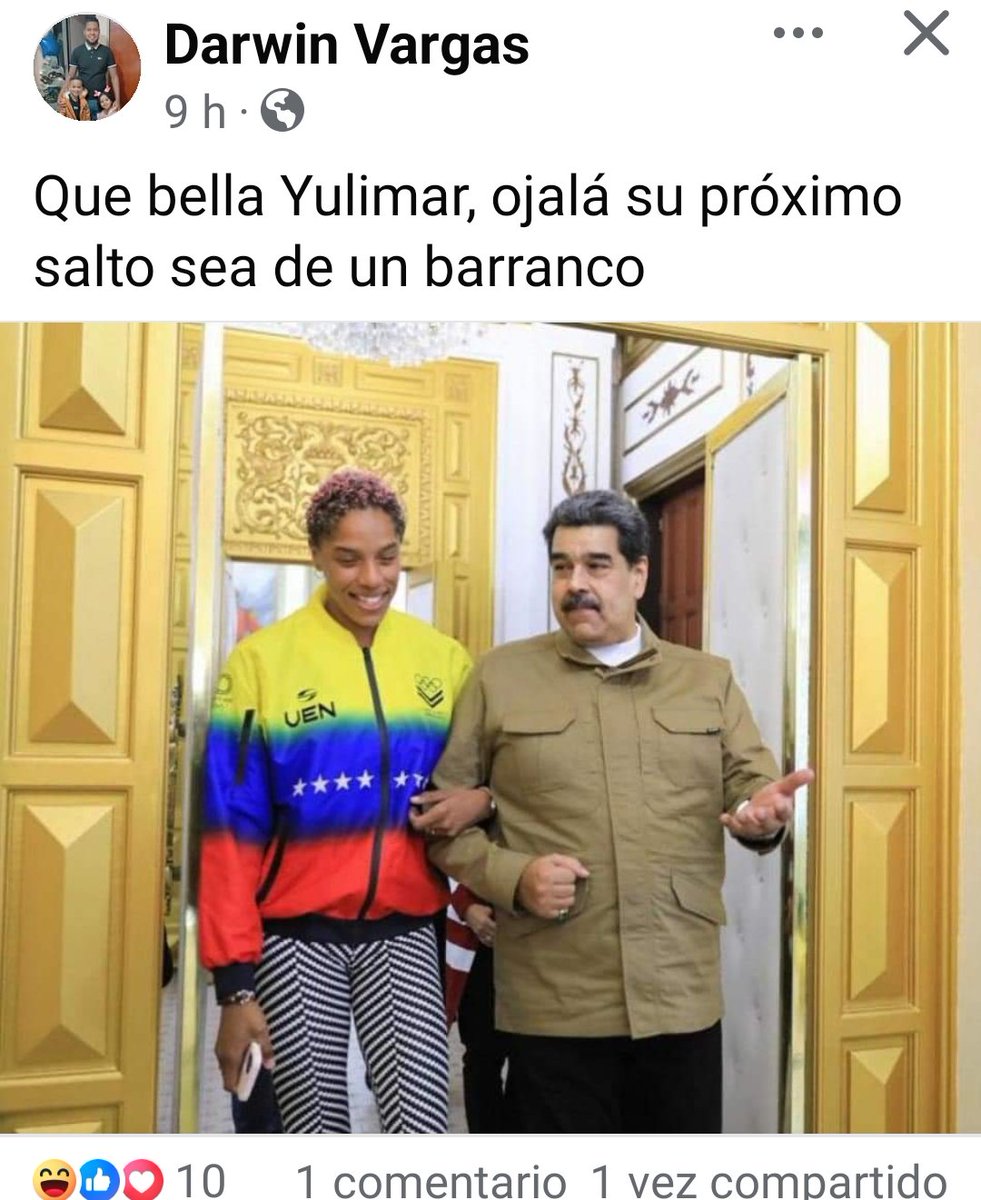#PuebloSonrienteYEnPaz
Qué les parece ésto?
Qué gana una persona deseando mal a otro simplemente porque <a href="/TeamRojas45/">Yulimar Rojas</a> comparte como atleta con el Pdte <a href="/NicolasMaduro/">Nicolás Maduro</a> . De qué le vale a ese sujeto desear mal? Será que ese elemento no tiene familia? Señores recuerden el Karma 👇🏻