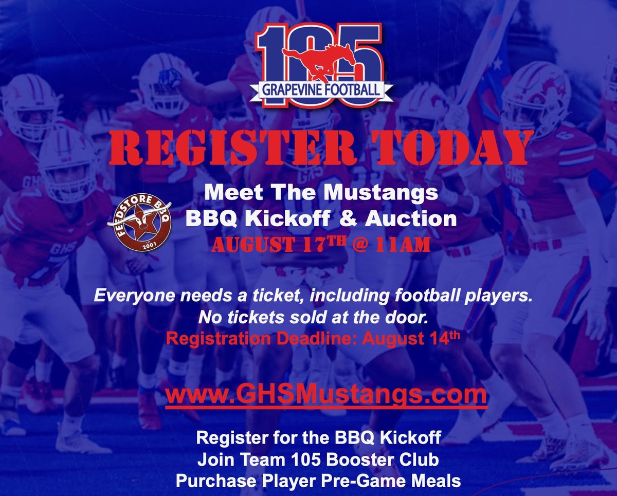 GHSFBBooster's tweet image. Meet the Mustangs BBQ Kickoff &amp;amp; Auction is the official kickoff to the Mustang football season.  You won't want to miss it! 

Purchase your tickets TODAY!
#Team105 #RahRahRahMustangsFight

BBQ generously provided by @FeedstoreBBQ 🙏

Register: ghsmustangs.com