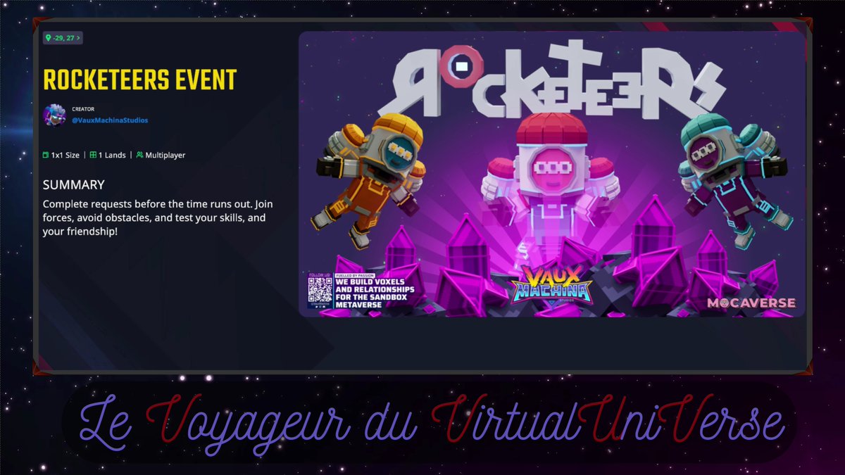 Bonjour à toutes et à tous! 🌍
Aujourd'hui, découverte de la carte ROCKETEERS EVENT . Embarquez, laissez-vous guider et bonne présentation!✨

4k : youtu.be/ABrhag880BA
SHORTS : youtube.com/shorts/h4IGN4s…

<a href="/TheSandboxGame/">The Sandbox</a> <a href="/Moca_Network/">Mocaverse</a> <a href="/ColdCutsNCheese/">ColdCutsNCheese (CCNC) 🦊</a> <a href="/VauxMachina/">VauxMachina Studios</a> #SandFam #Web3