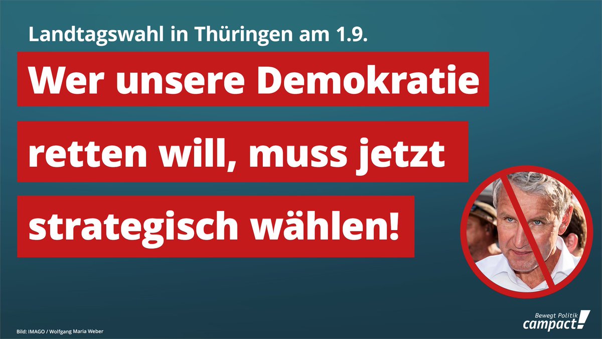 Wie verhindern wir, dass die rechtsextreme AfD ihre faschistische Agenda in Thüringen durchsetzt?

Indem wir bei der Landtagswahl am 1.9. strategisch wählen. Campact baut 2 Säulen auf:
✅Wir mobilisieren zur Wahl
✅Wir rufen dazu auf, die Zweitstimmen den Grünen zu geben

Ein 🧵