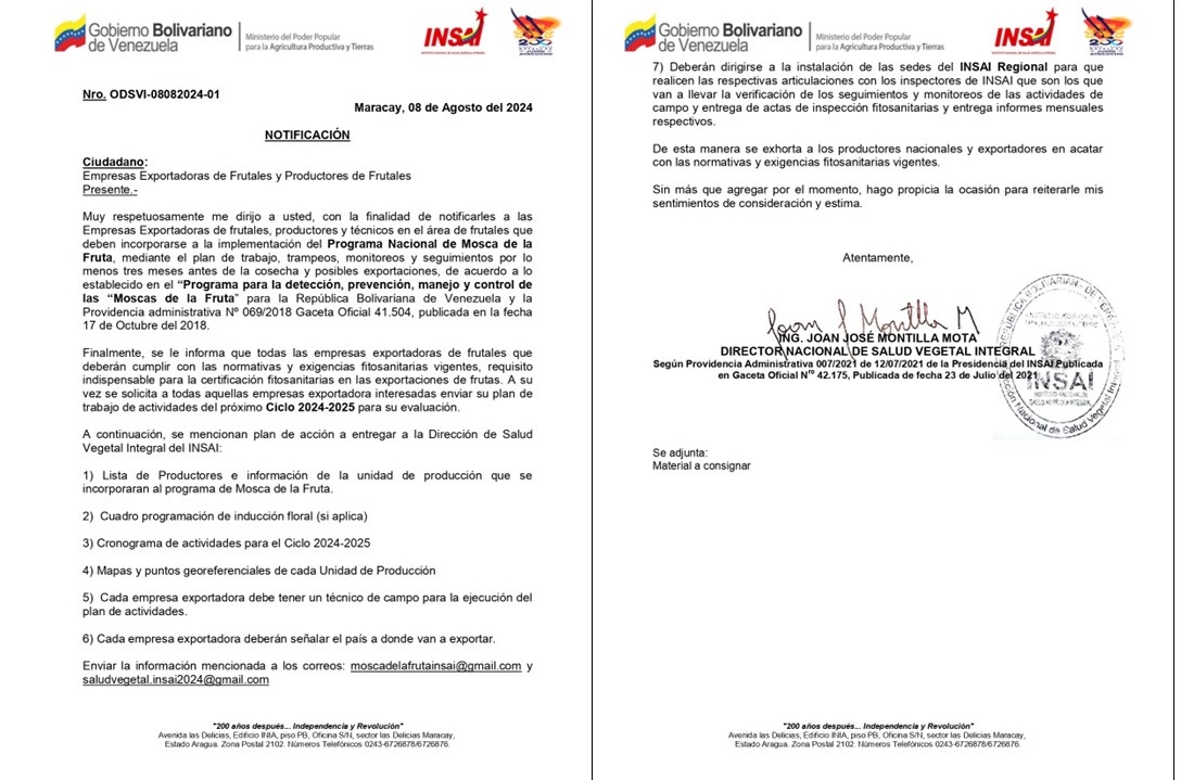 Importante ❗Productores y Exportadoras de Frutales se les notifica que es importante incorporarse en la Implementación del Programa Nacional de Mosca de la Fruta de acuerdo a lo establecido en la Providencia administrativa Nº 069/2018 GO 41.504. Link: insai.gob.ve/wp-content/upl