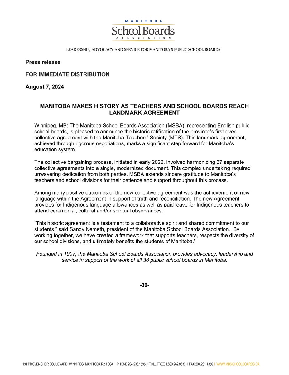 MSBA is pleased to announce the historic ratification of the province’s 1st-ever collective agreement w/ @mbteachers . This landmark agreement, achieved through rigorous negotiations, marks a significant step forward for MB’s education system: mbschoolboards.ca/wp-content/upl…