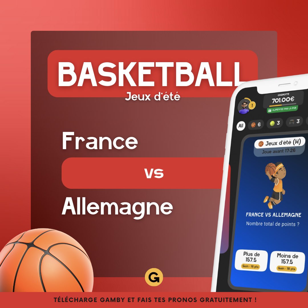 gamby_app's tweet photo. Nos basketteurs défient l'Allemagne à 17h30 pour décrocher leur place en finale 🇫🇷⚡️🇩🇪

Fais tes pronos sur Gamby 🫵📲

🏀 Qui l'emportera ?  
💯 Total des points marqués ?
⛹️‍♂️ Schröder inscrira-t-il plus de points que Wemby et Fournier ?

#JOParis2024 #FRAGER https://t.co/WfFST4pWf8
