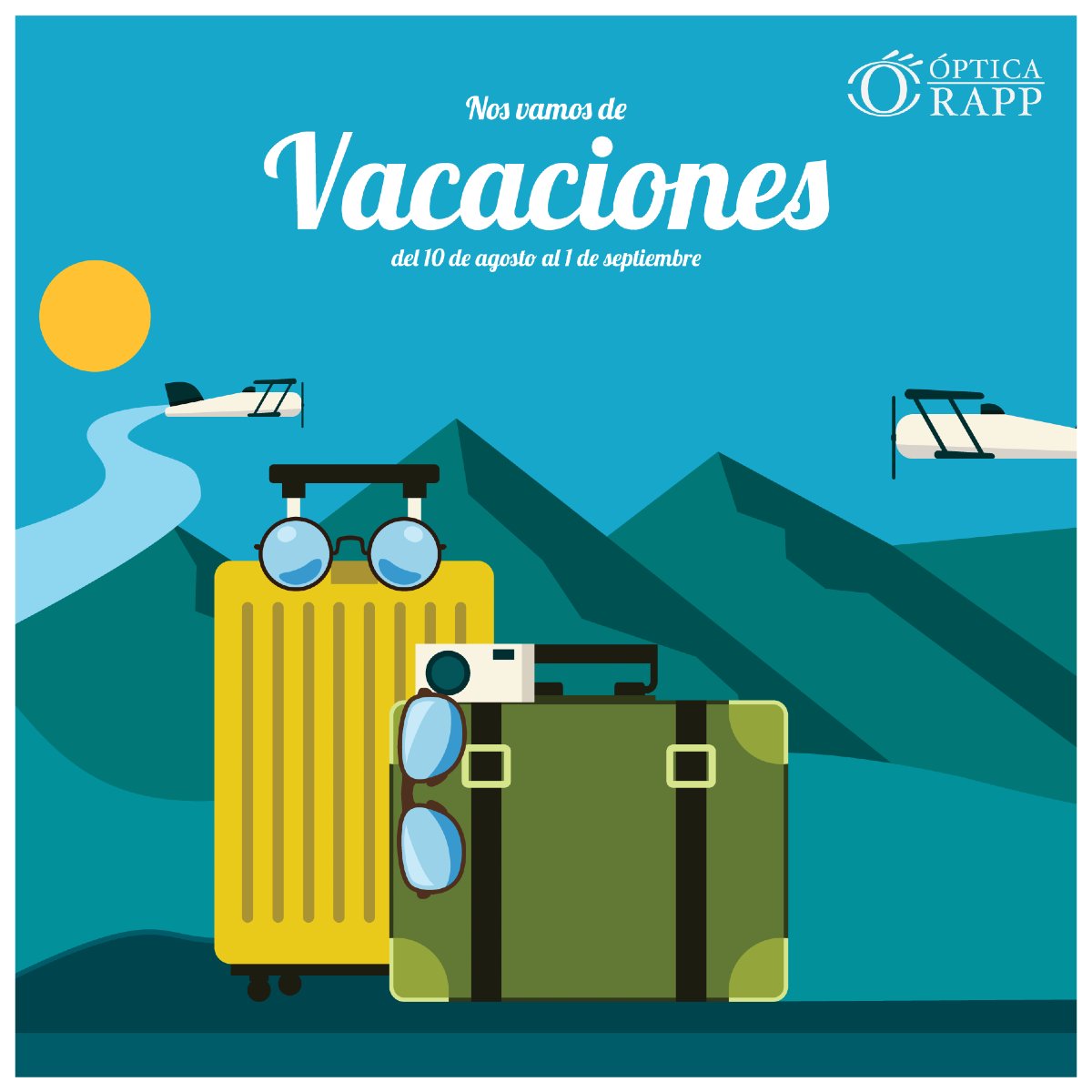 RappOptica's tweet photo. Nos vamos de vacaciones!!!! Estaremos cerrados desde el Sábado 10 de Agosto al Domingo 1 de Septiembre, les esperamos a partir del lunes 2, prometemos descansar.

#opticarapp #gafas #opticalalaguna #opticas https://t.co/uMuno5kpGR