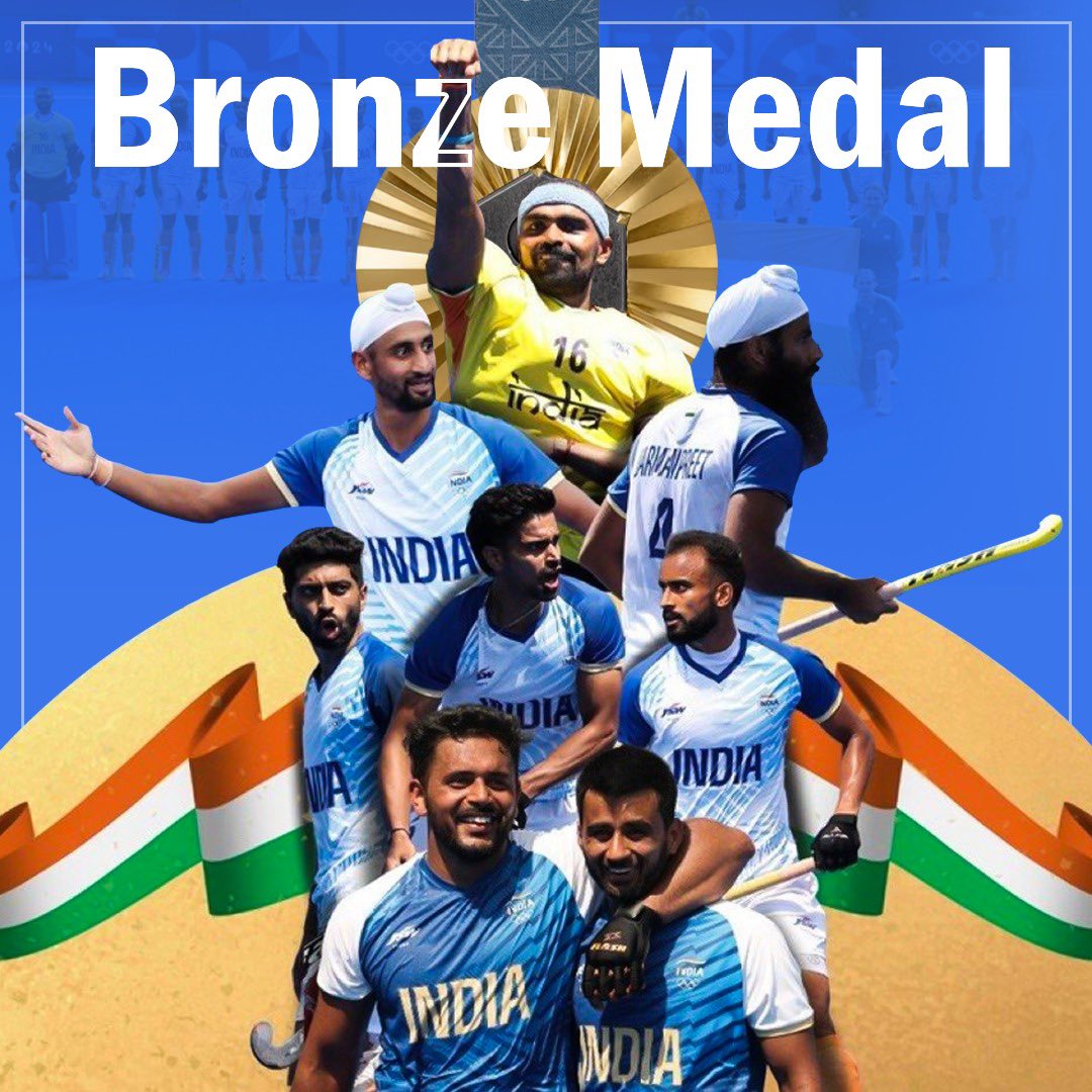 annamalai_k's tweet photo. Glorious moment as our Indian Hockey team clinches the bronze medal reigniting the legacy of Indian Hockey in the world stage. #Paris2024 

This is our Indian hockey team’s 2nd consecutive Olympic bronze medal & Kudos to every player, coach, and support staff for making the nation proud!

#Cheer4Bharat #Paris2024Olympic