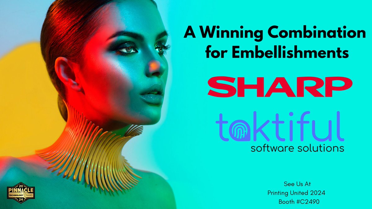 Join us at #PRINTINGUnitedExpo to see how Sharp and <a href="/taktifulSvcs/">taktiful</a> are revolutionizing digital print embellishments! Visit booth# C2490 to learn more about our cutting-edge digital presses and Taktiful's software and training programs. #DigitalPresses #Embellishments