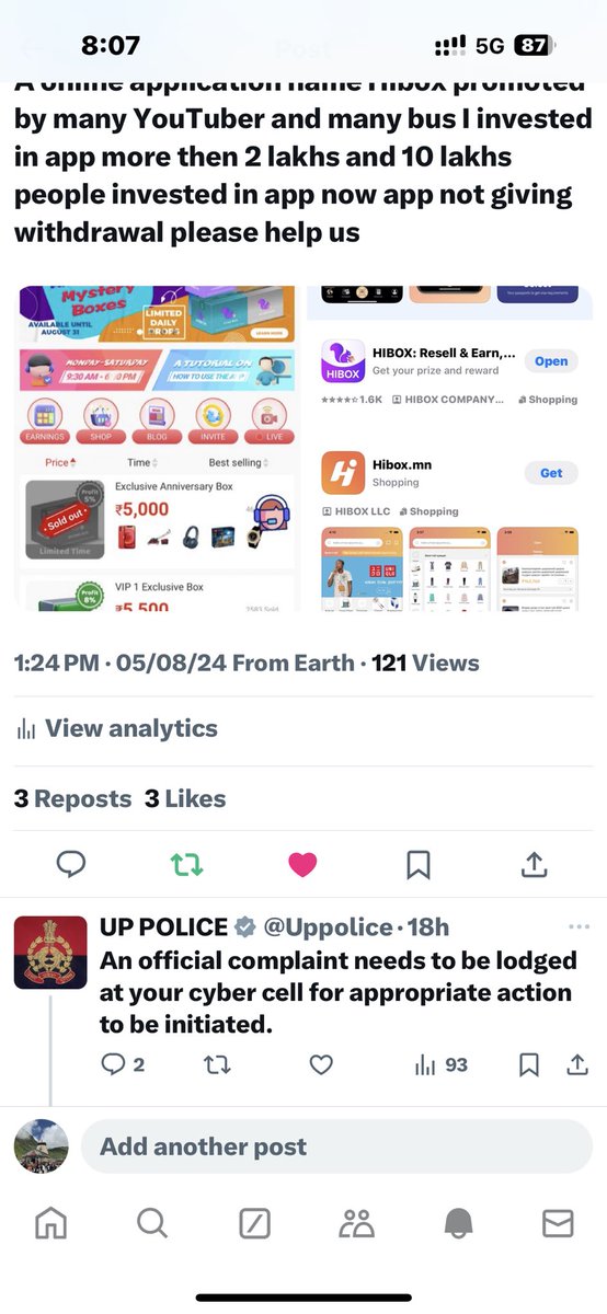 RiteshSahu82119's tweet photo. @Cyberdost @noidapolice @PallavaAbhishek @narendramodi @DelhiPolice 
A company name Hibox fraud with 10lakh user more than 10000 core scam #hiboxscam please help us to recover our money and arrested them froudist and contact me personally pleasehelpus @randomsena @HiboxIndia https://t.co/5rn5GSJs1l