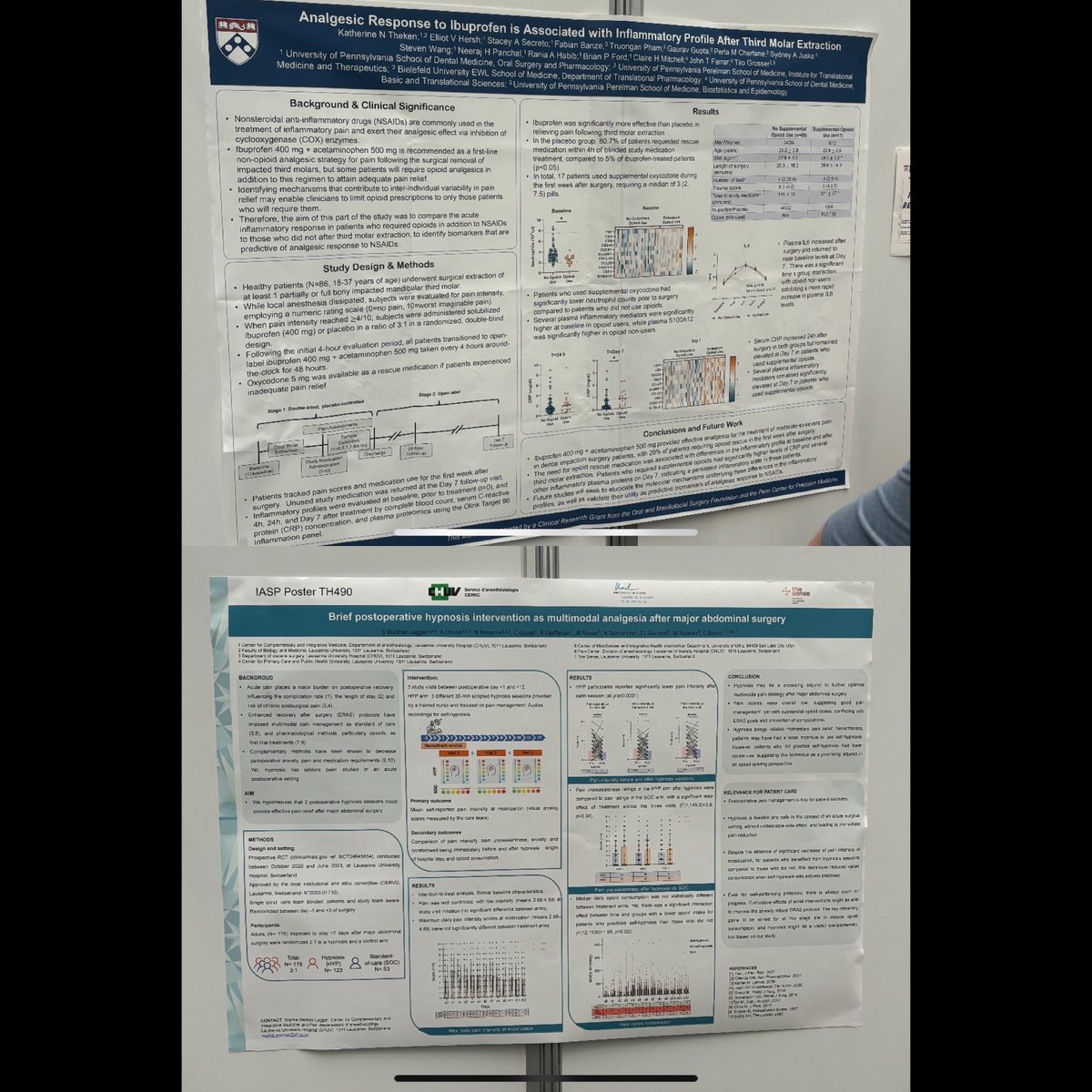 JonPenm's tweet photo. Thursday Finalist Posters @ApsigI
#WC2024 #490 Brief #postoperative #hypnosis intervention as multimodal analgesia after major abdominal surgery
#494 #Analgesic Response to #Ibuprofen is Associated with Inflammatory Profile After 3rd #MolarExtraction
@IASPpain @RiannevanBoekel https://t.co/addshIo24W