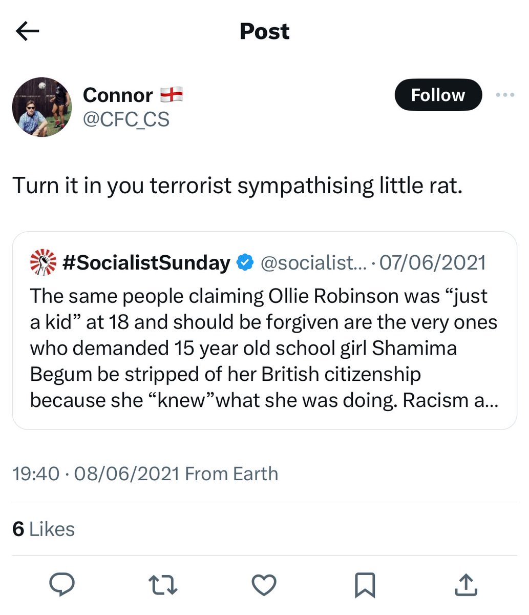thushiga's tweet photo. same guy who dismissed criticism of Shamima Begum’s stripping of citizenship as “terrorist sympathy”. Begum’s case is a much more dangerous precedence set but no, football banning is what’s important here. #secondclasscitizenship https://t.co/FmMnwvJsWQ