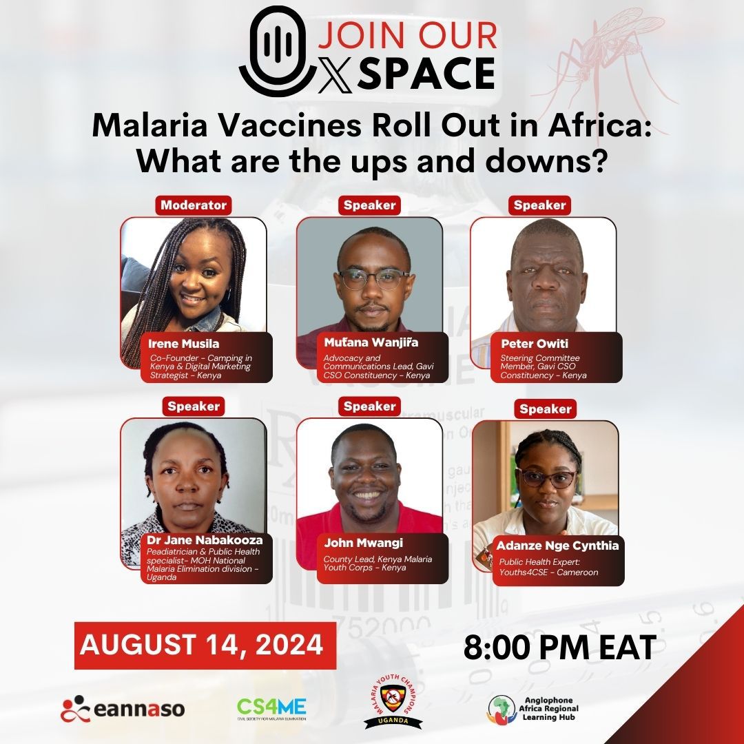 VACCINATING AFRICA AGAINST MALARIA: HOPES &amp; CHALLENGES!!!

Join the vibrant youth speakers from across Africa as they delve into the rollout of malaria vaccines on the continent!
DON'T MISS this crucial conversation!
 On 14th August 2024 at 8:00pm EAT.👇
x.com/i/spaces/1YqKD…