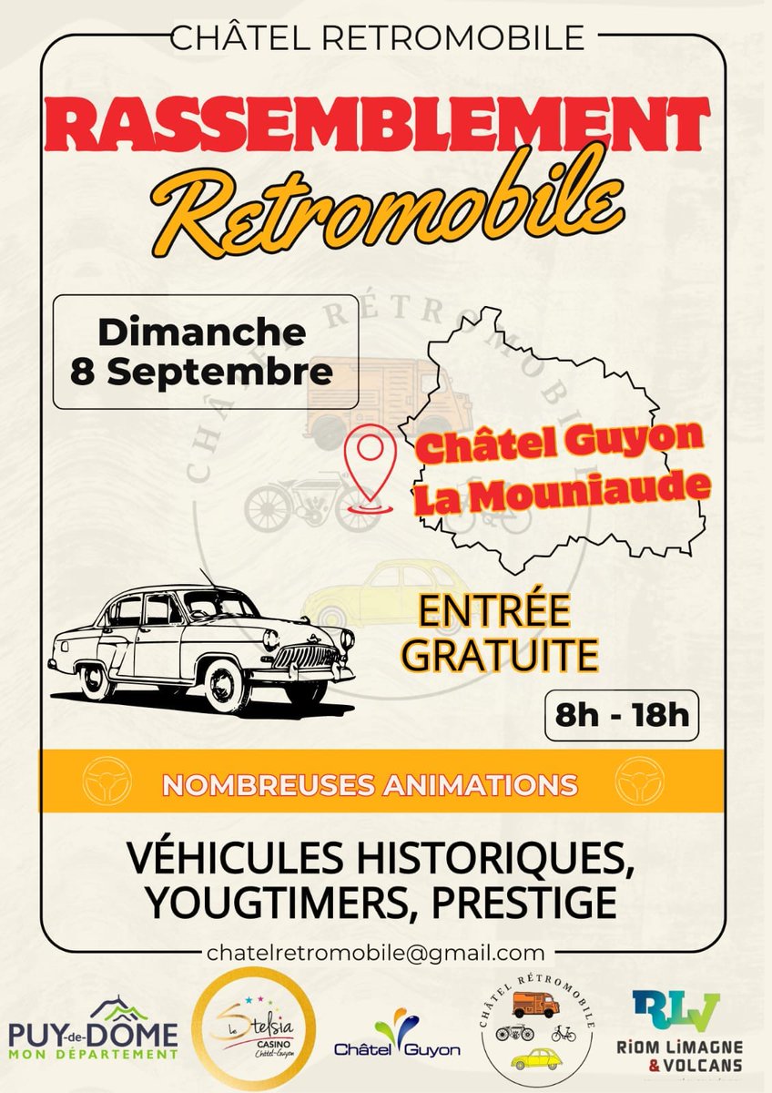 Chatel_Guyon's tweet photo. #ChâtelRétromobile 🚗
Après 3 éditions à succès, l'association Châtel Rétromobile se réinstalle à la Mouniaude le 8 septembre pour un nouveau rassemblement de véhicules historiques et de prestiges et de nombreuses animations toute la journée ! ☀️
Infos 👉 https://t.co/HJLKd7bNoD https://t.co/cqpAtBjgeD