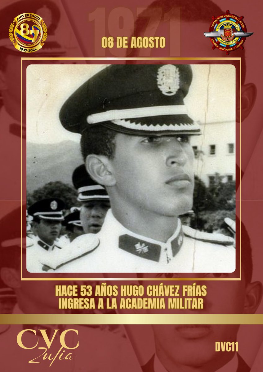 Tal día como hoy #8Ago en 1971, con tan sólo 17 años de edad, el Comandante Chávez ingresó a la Academia Militar de Venezuela, alma máter que lo formaría en el camino de las armas para defender la Patria Bolivariana. 🇻🇪