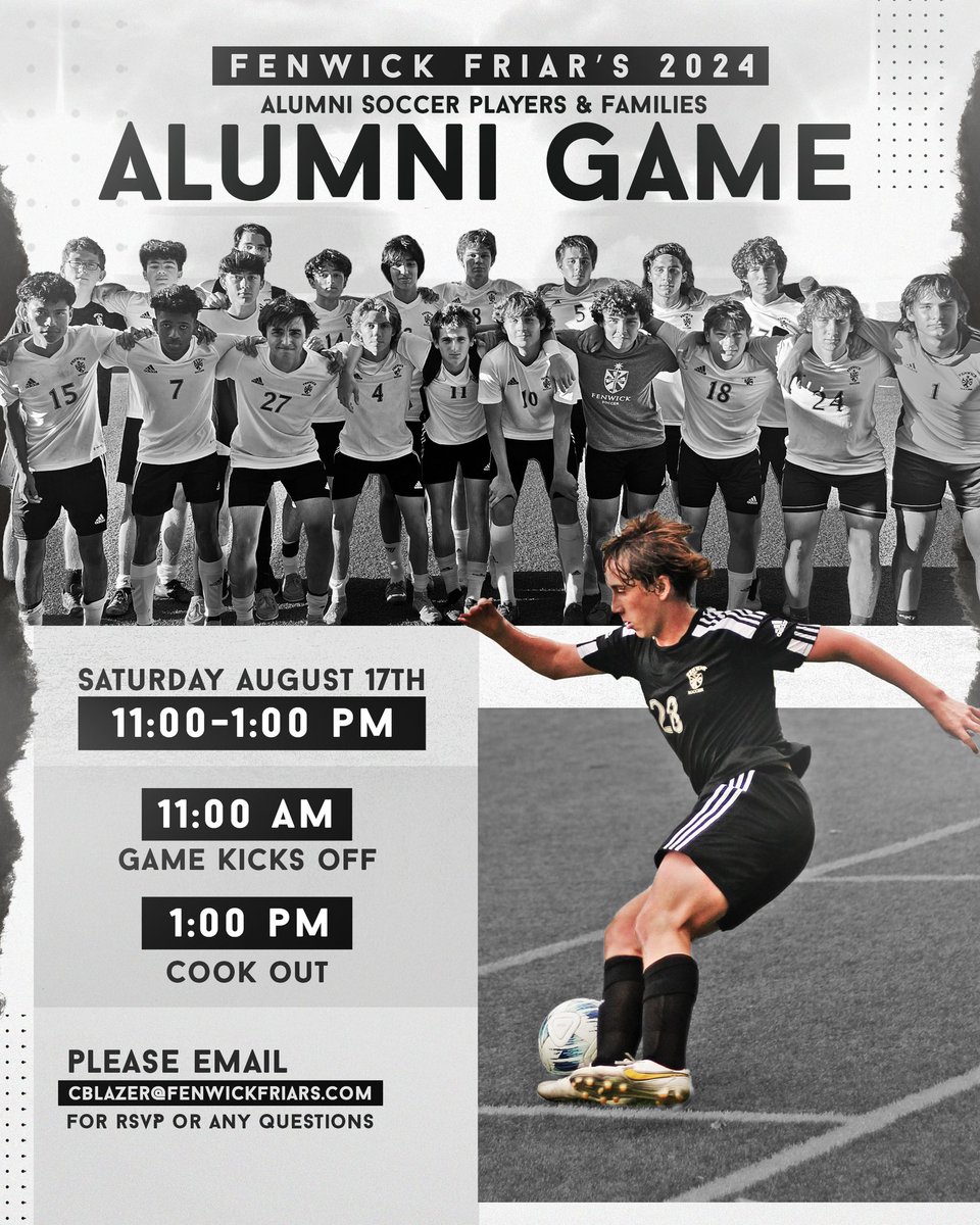 Fenwick Friars Soccer (@friarsfans) on Twitter photo 🗣️ Fenwick Friar Alumni Soccer Players & Families Alumni Game
🗓️ Saturday August 17th
⏰ 11:00-1:00 pm
⚽️ 11:00 am Game Kicks off
🍔 1:00 pm Cook Out
Please email cblazer@fenwickfriars.com for RSVP or any questions. 🗣️ Fenwick Friar Alumni Soccer Players & Families Alumni Game
🗓️ Saturday August 17th
⏰ 11:00-1:00 pm
⚽️ 11:00 am Game Kicks off
🍔 1:00 pm Cook Out
Please email cblazer@fenwickfriars.com for RSVP or any questions.