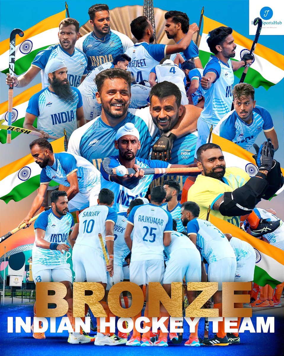 suru070's tweet photo. 🥉🥉Indian Hockey Team wins Bronze! 🇮🇳🥉🏒
What an amazing match! Congratulations Team India on winning the Bronze medal in the Men’s Hockey Tournament at #ParisOlympics2024
#GOLD #NeerajChopra #Paris2024 #congratulationindia https://t.co/PKPxlvF2mM