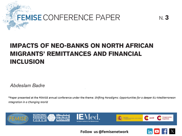 femisenetwork's tweet image. #FEMISE conference paper#3 examines #remittance trends and #financial institution preferences among North African #migrants in Europe and assesses #neo-banks’ potential to foster financial #inclusion and cost reductions
To learn more 👉 ln.run/dcHka
@IEMed_  @AECID_es