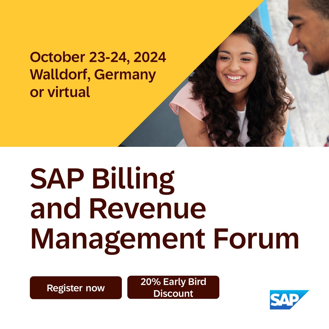 Join us at SAP Billing and Revenue Innovation Management Forum (#BRIM) and get an overview of the current topics and use cases of SAP Billing and Revenue Innovation Management.

Book your participation by Sept 6, 2024, and receive a discount of 20%: imsap.co/6011YYXG9