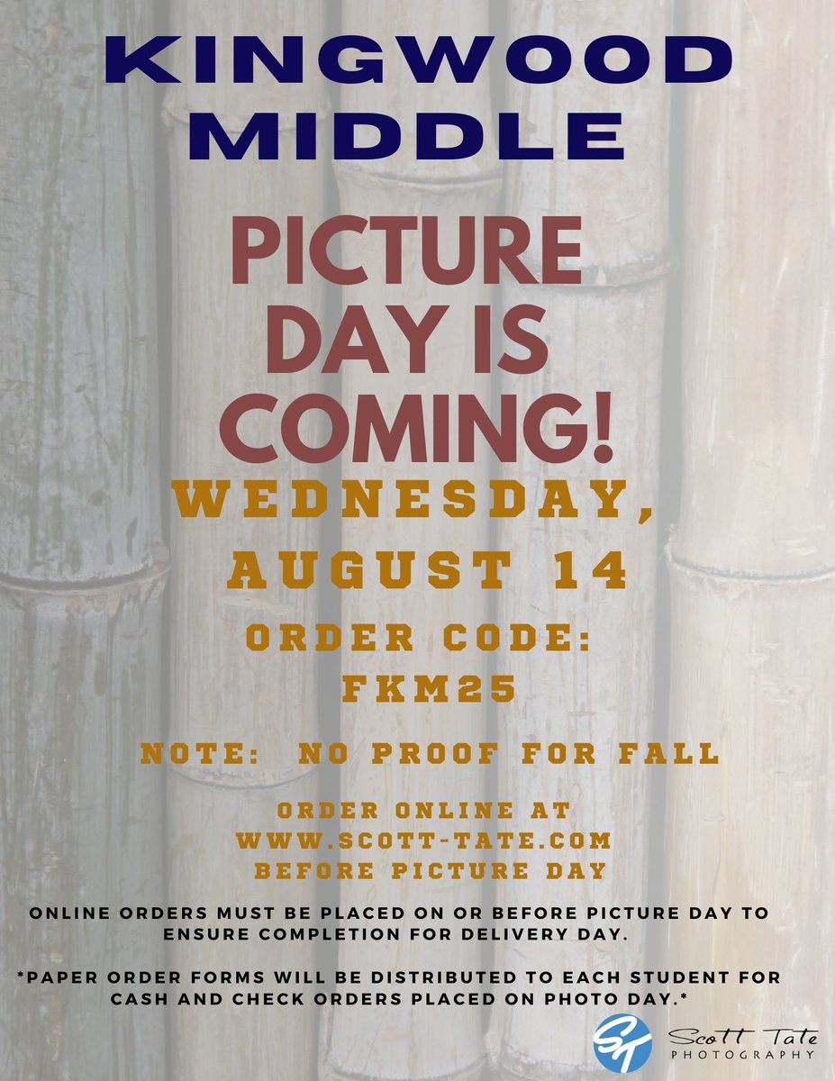 📷 Picture day is Wednesday, August 14th!  Order online at scott-tate.com before picture day to ensure pictures will be ready on delivery day.  #KMSCougarPride🐾