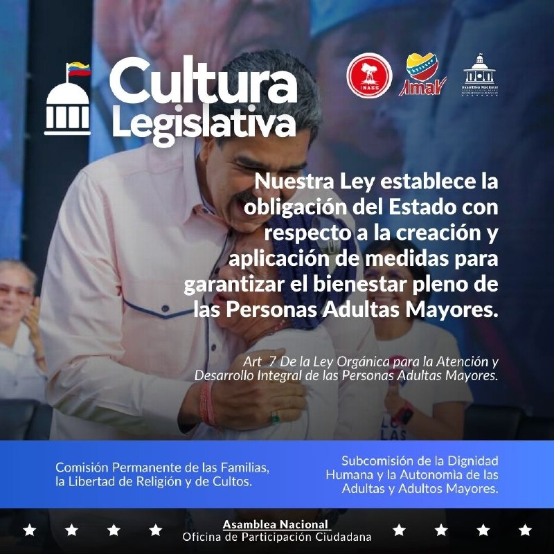 saenzmanuela617's tweet photo. #8Ago
¡Leyes para la protección del pueblo!

La Ley Orgánica  para la Atención y Desarrollo Integral obliga al estado a crear y aplicar medidas que garanticen el bienestar pleno de las personas adultas mayores.
#PuebloSonrienteYEnPaz #JusticiaSoberan #VenezuelaSeRespeta https://t.co/CPxmVd89iS