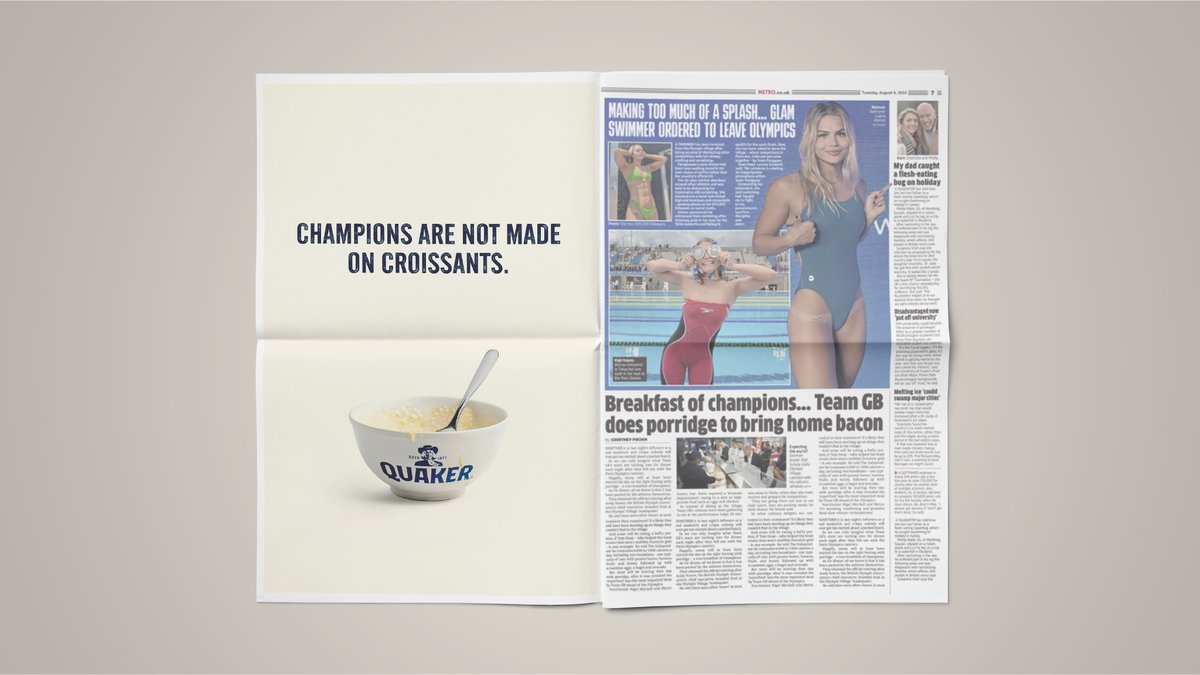 uncommon_studio's tweet photo. Champions are not made on croissants 🥐🏅
.
When we saw Team GB demanding porridge we made this with @QuakerOatsUK running across print &amp; DOOH this week 🔥 https://t.co/07j4Grygt0