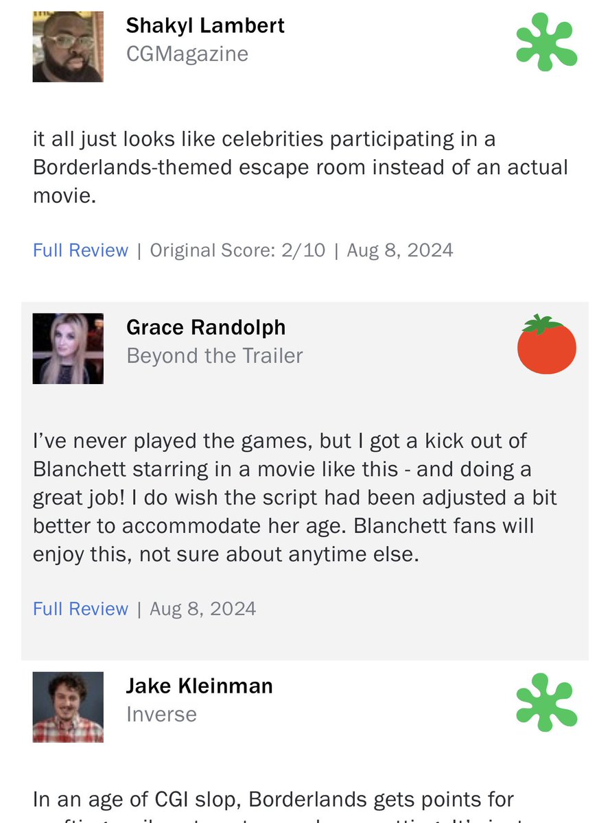 IT WAS ME!!!!! 😂😭😬🤣

From 0% to 4% on #RottenTomatoes

Whatever, man, I had a good time.

Pretty crazy to set your review to post at 3am and discover you’re the ONLY one who liked it?!

I never played the game, to be fair.

#Borderlands