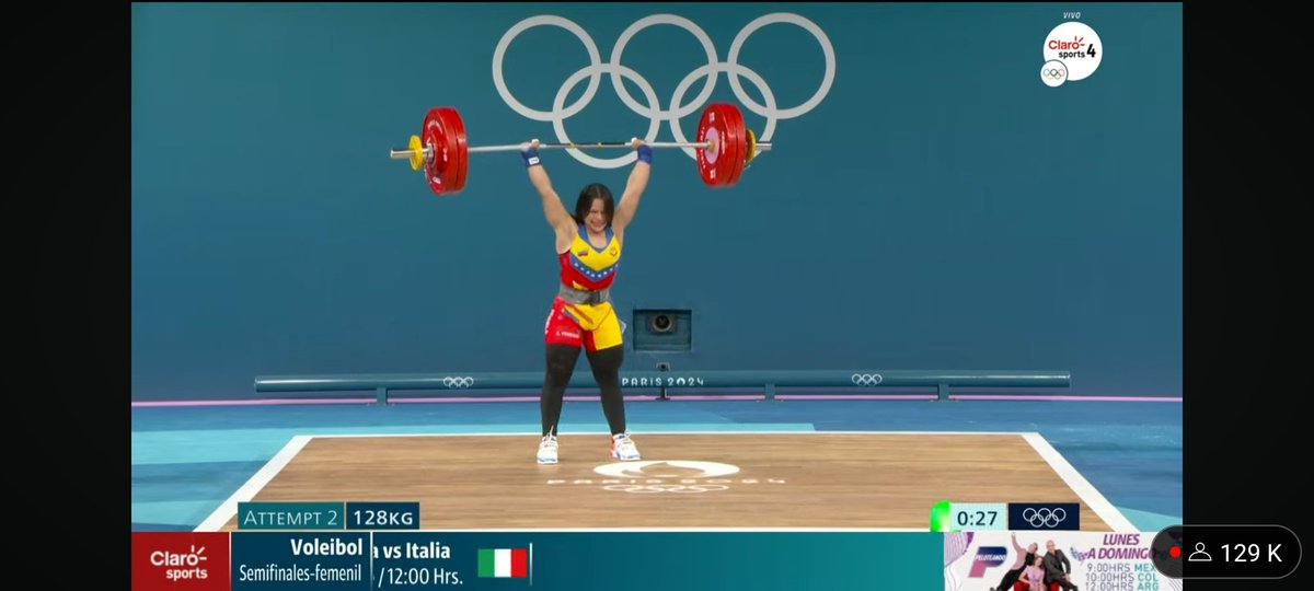 #Paris2024

#weightlifting (levantamiento de pesas)

🇻🇪 La venezolana Anyelin Venegas levanta con éxito su segundo  intento en el envión  con 128 kg 

En su tercer intento irá por 129 ( puede aumentar si lo pide)

Se ubica momentáneamente en el tercer lugar 

#JuegosOlimpicos