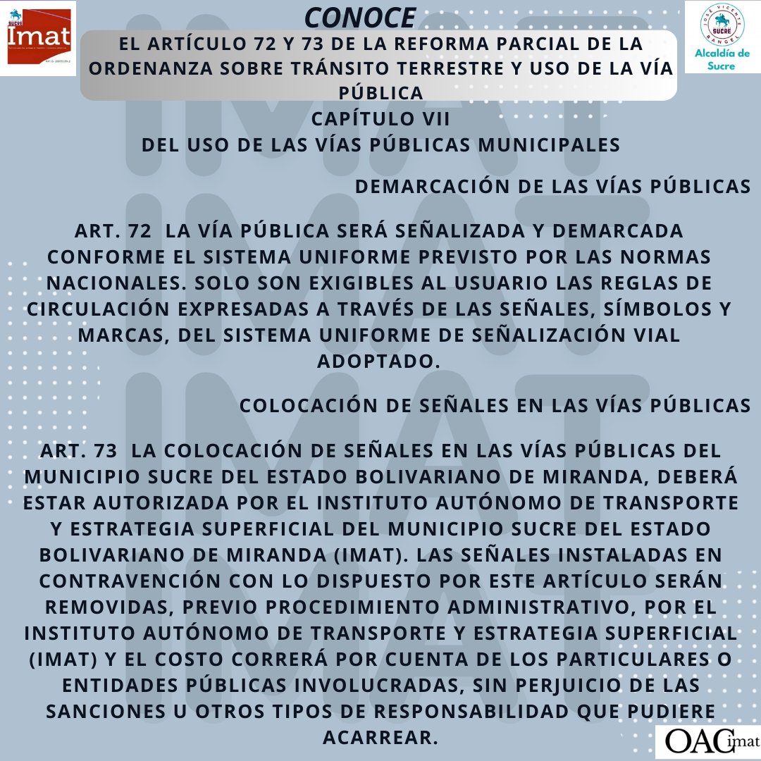 Continuamos con la difusión de la Reforma Parcial de la Ordenanza sobre Tránsito Terrestres y uso de la vía pública del Municipio Sucre del Estado Bolivariano de Miranda
<a href="/lAlcaldiasucre/">AlcaldíaSucre</a>
#ImatSucreTrabajandoPorSuMunicipio