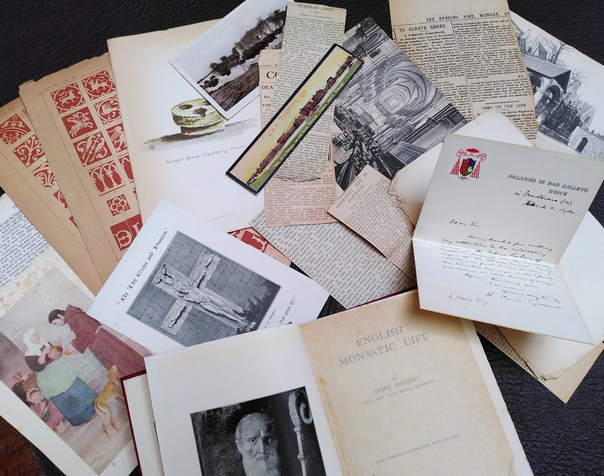 DExInstitution's tweet image. We recently discovered a collection of cuttings, postcards and illustrations – and a delightful Coleman’s Mustard bookmark - hidden inside F. A. Gasquet’s English Monastic Life (1924). The book was given to the DEI by Henry Stone, Honorary Secretary 1920-1952. #specialcollections