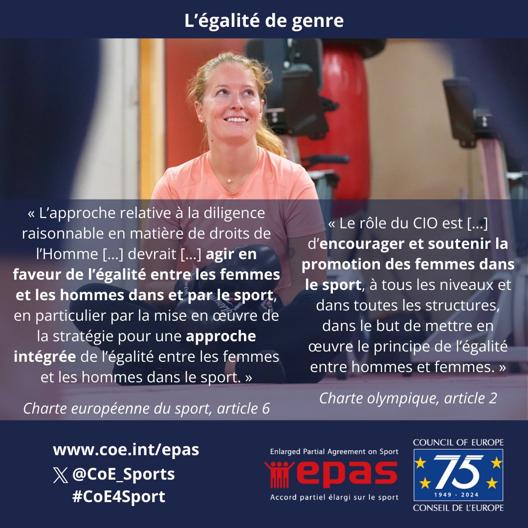La Charte européenne du sport du Conseil de l'Europe et la Charte olympique promeuvent l'égalité de genre dans et par le sport

En savoir + ➡️ go.coe.int/RT6LQ

Découvrez le projet conjoint <a href="/EuSport/">EUSport</a>-<a href="/CoE_fr/">Conseil de l'Europe</a> «Tous·tes ensemble» ➡️ coe.int/sport/allinplus

#CoE4Sport