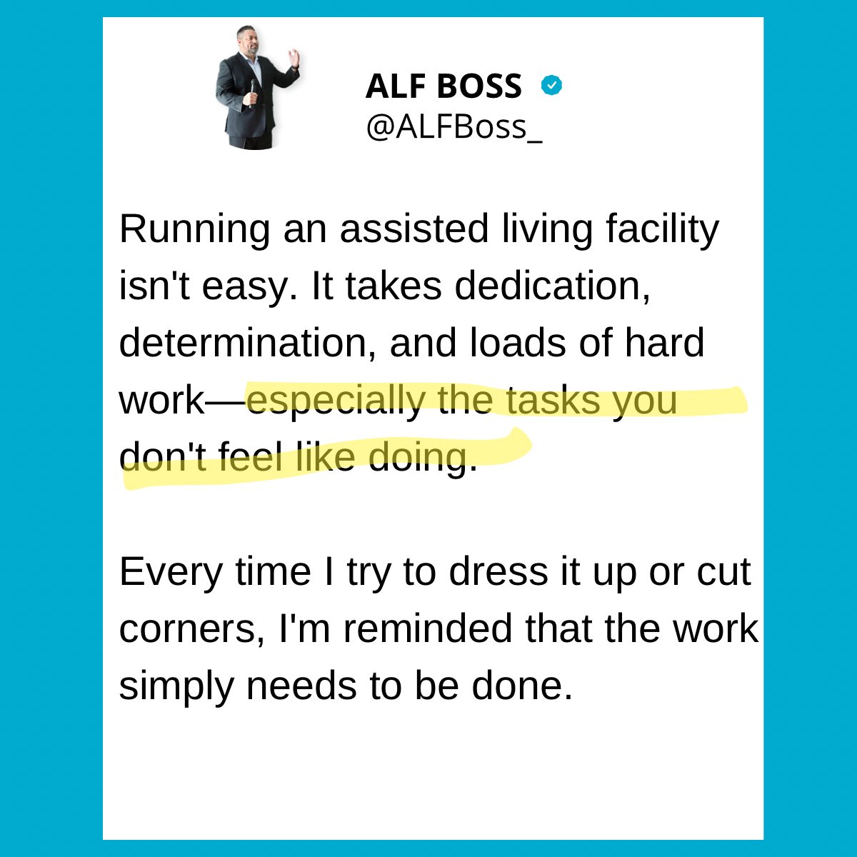 ALFBoss_'s tweet photo. Operating an assisted living facility is no walk in the park. It demands dedication, determination, and loads of hard work—especially when it comes to the tasks you don't feel like doing.

#ALFBoss #AssistedLiving #Dedication #HardWork https://t.co/x3VN6PbPKd