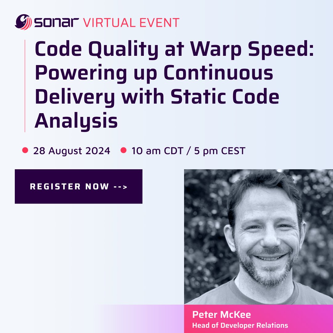 SonarCloud (@sonarcloud) on Twitter photo Join <a href="/pmckee/">Peter McKee</a> on August 28 for a Sonar Virtual Event to discover how implementing static code analysis in our CI/CD pipeline is crucial to optimizing code quality!
Register here 👇
sonarsource.zoom.us/webinar/regist… Join <a href="/pmckee/">Peter McKee</a> on August 28 for a Sonar Virtual Event to discover how implementing static code analysis in our CI/CD pipeline is crucial to optimizing code quality!
Register here 👇
sonarsource.zoom.us/webinar/regist…