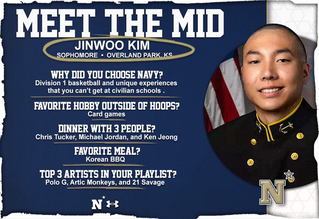 NavyBasketball's tweet photo. 𝑴𝒆𝒆𝒕 𝑻𝒉𝒆 𝑴𝒊𝒅 ⚓️

For today’s edition of Meet The Mid, we highlight Sophomore Jinwoo Kim! (@jinwooxkim10)

#ExpectToWin // #FullSpeedAhead https://t.co/n6nDeXLLNK
